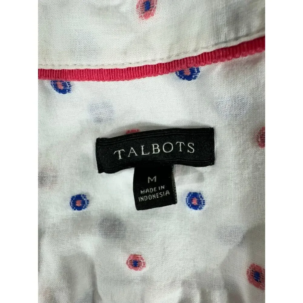 Talbots Button Up Shirt Size Medium White Pink Blue Embroidered Dots 100% Cotton